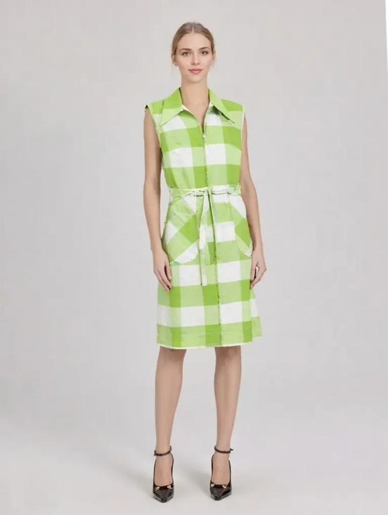 Skimma Dresses & Skirts - Vintage 1960s Skimma Lime Green White Gingham Zip Front Belted Shirt Dress Sz S